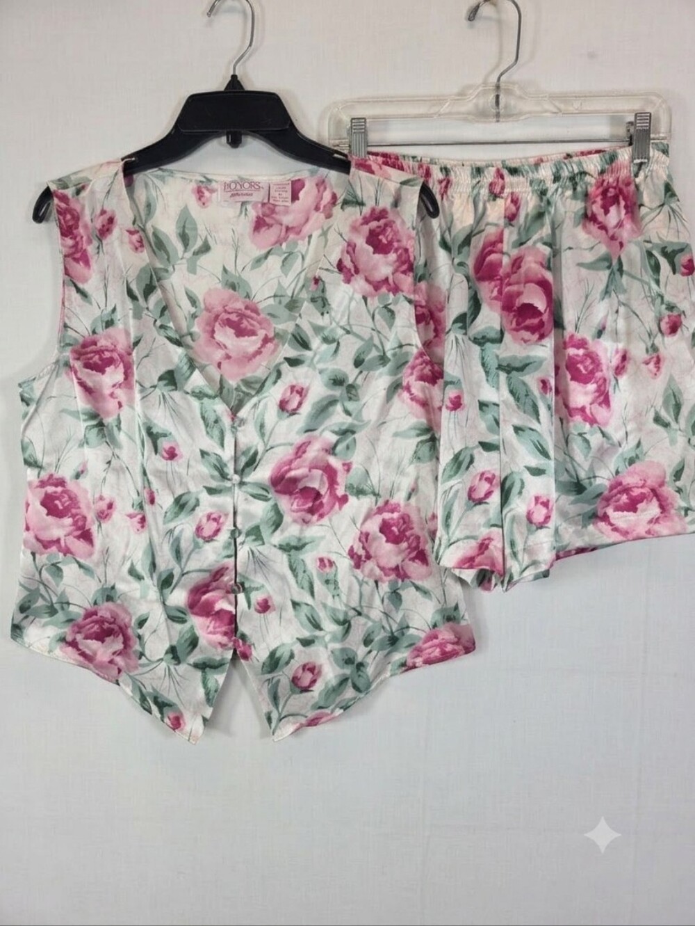 VTG 90s Honors Intimates Pink Rose Satin Pajama Vest Shorts Set XL Coquette Silk